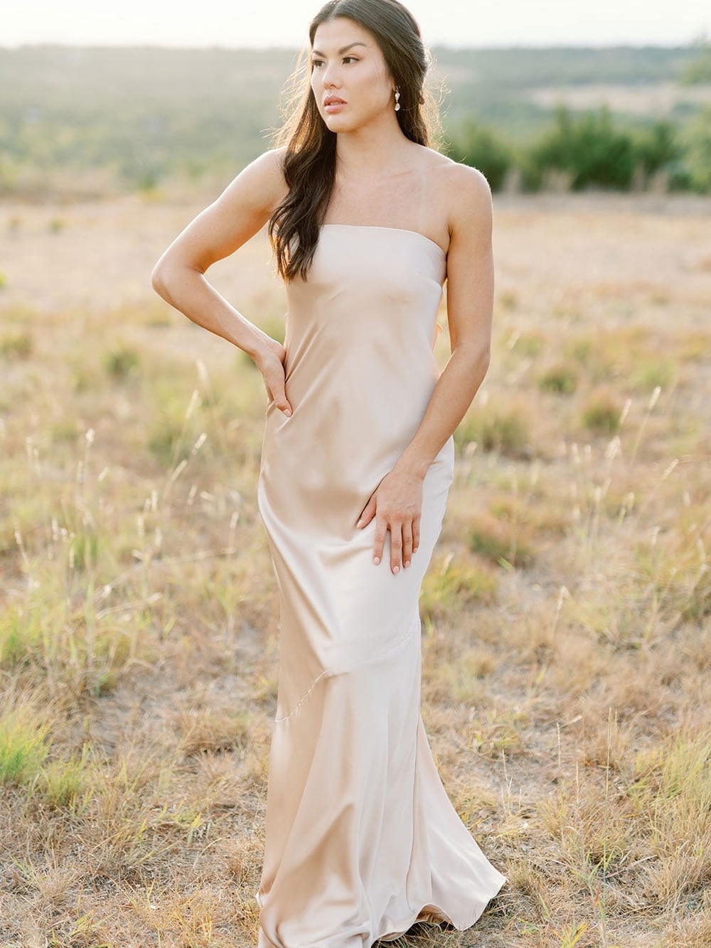 Like New Revelry Strapless Satin Gown in Champagne Beige